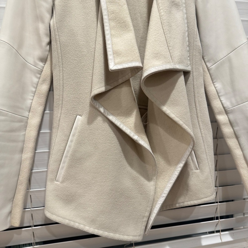 Vince Drape Front Wool Jacket Lamb Leather Sleeves XS Neutral Coat Minimalist‎ - Picture 5 of 8
